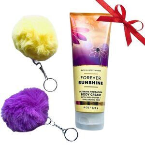 NEW Bath & Body Works Forever Sunshine Body Cream (8 oz) + 2 Pompom Keychains